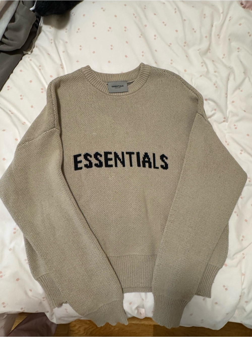 Essentials Beige Crewneck Sweater with Black Logo Text